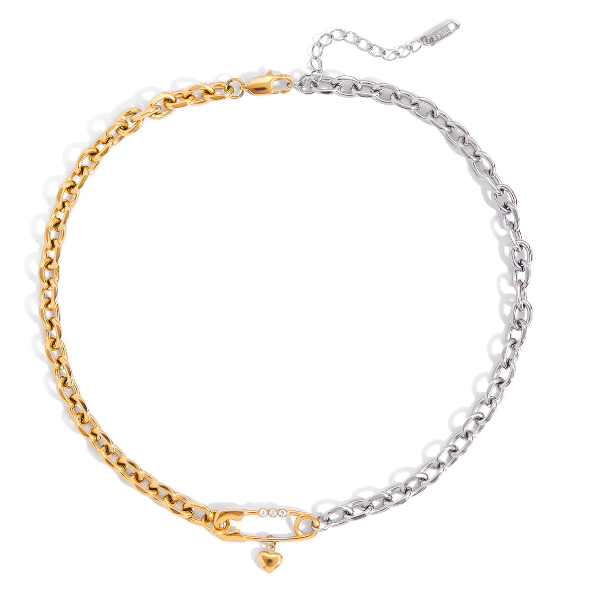 Collar Bicolor con Seguro y Corazón Dorado y Plateado