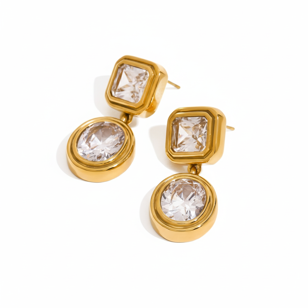 Aretes Dorados Colgantes con Cristales Geométricos