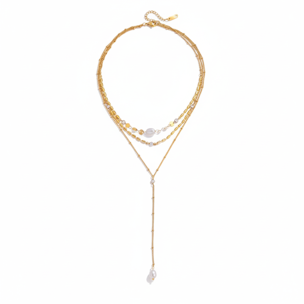 Collar Lariat Triple Capa Dorado con Perla