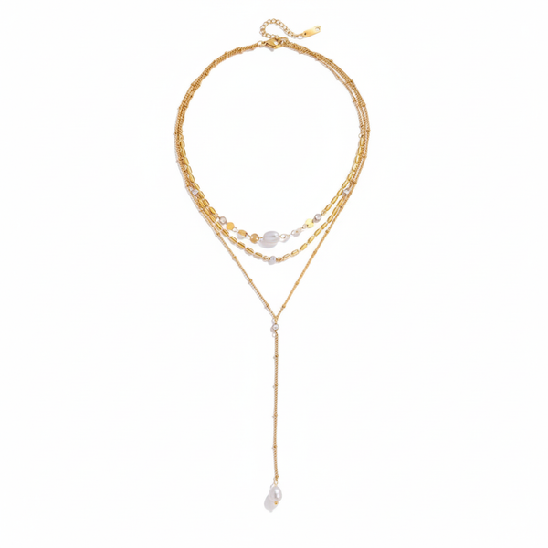 Collar Lariat Triple Capa Dorado con Perla